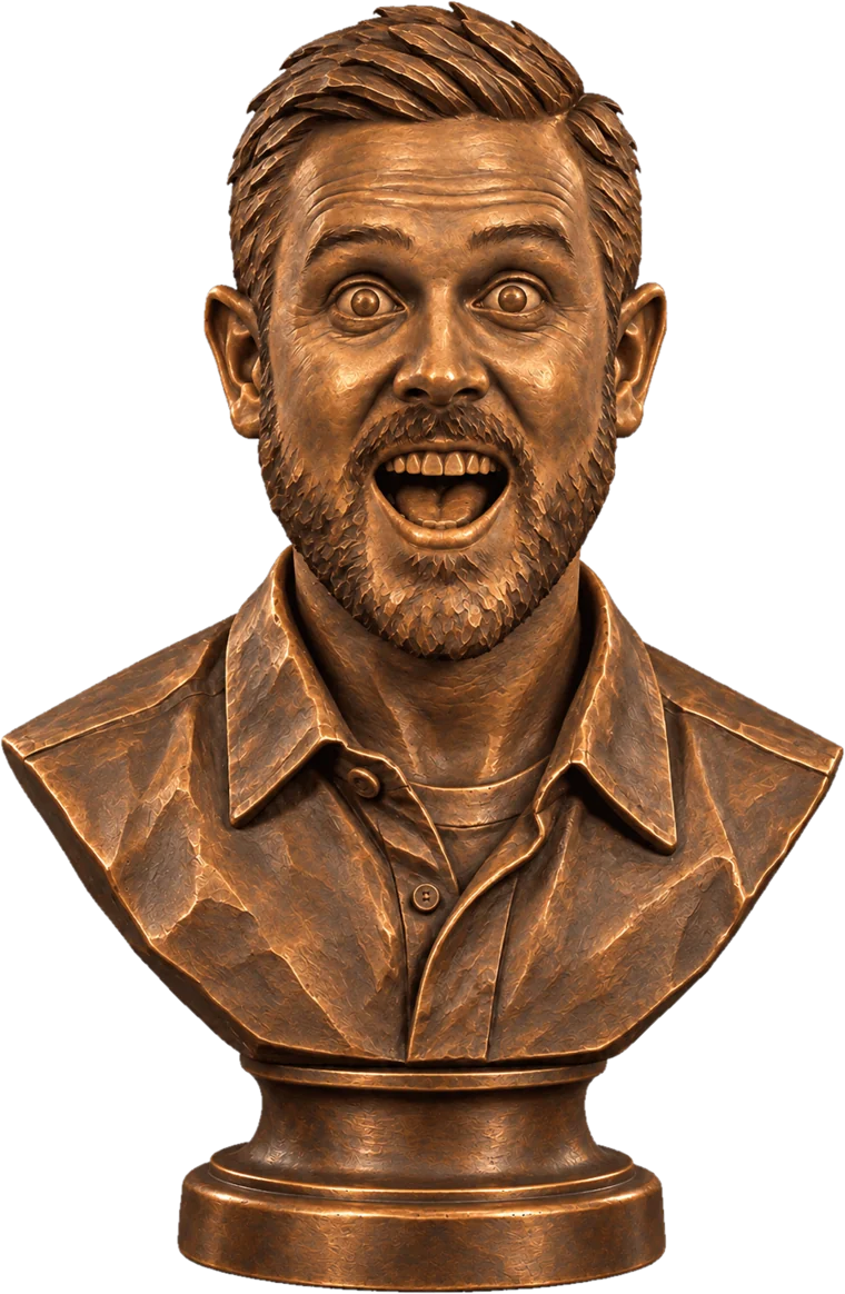 Bronze bust of Andy Holloway, wide-eyed and open-mouthed