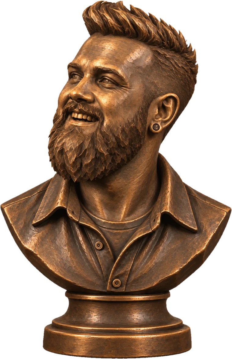 Bronze bust of Mike Wright, bearded, gazing to the side